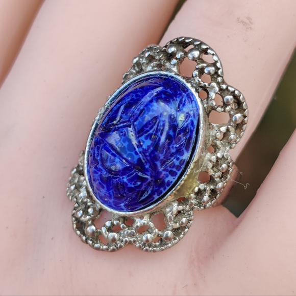 Vintage ornate lapis lazuli scarab ring - Picture 3 of 9